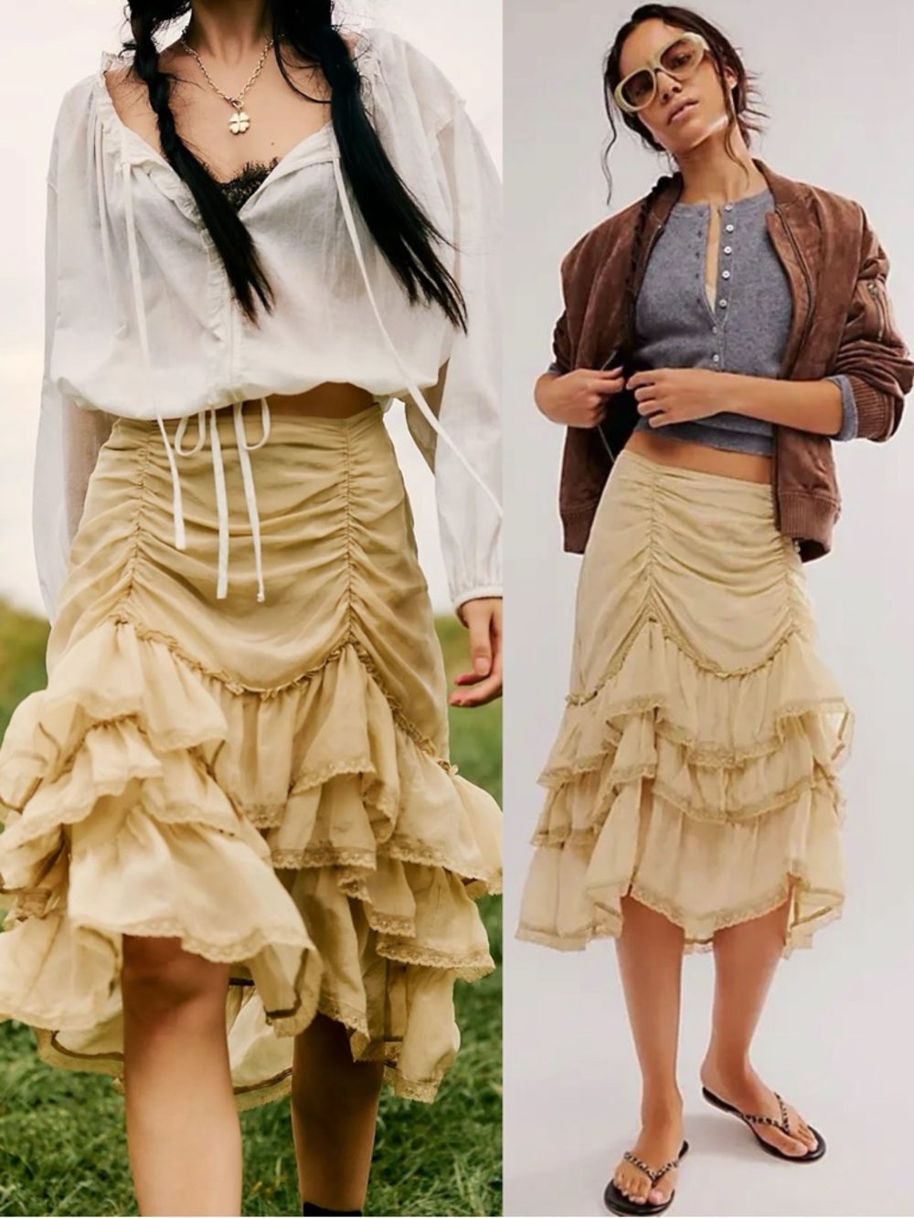 Free People Calliope Ruffle Midi Skirt Sage Small NWT Ethereal Western Bohemian